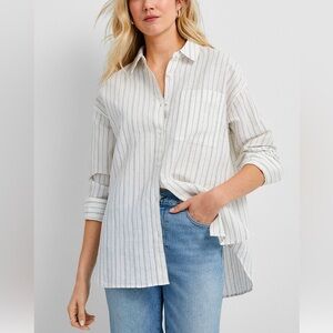 Contemporaine Simons grey striped boyfriend fit button down long sleeve shirt XS